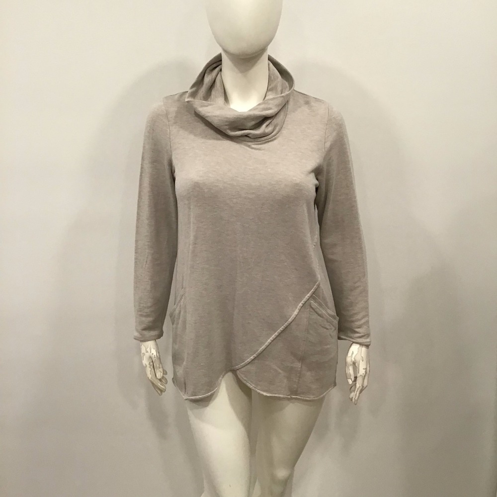 PureJill Cowl Neck Tunic Women Large Oatmeal Beige Good Asymmetrical Pocket Top